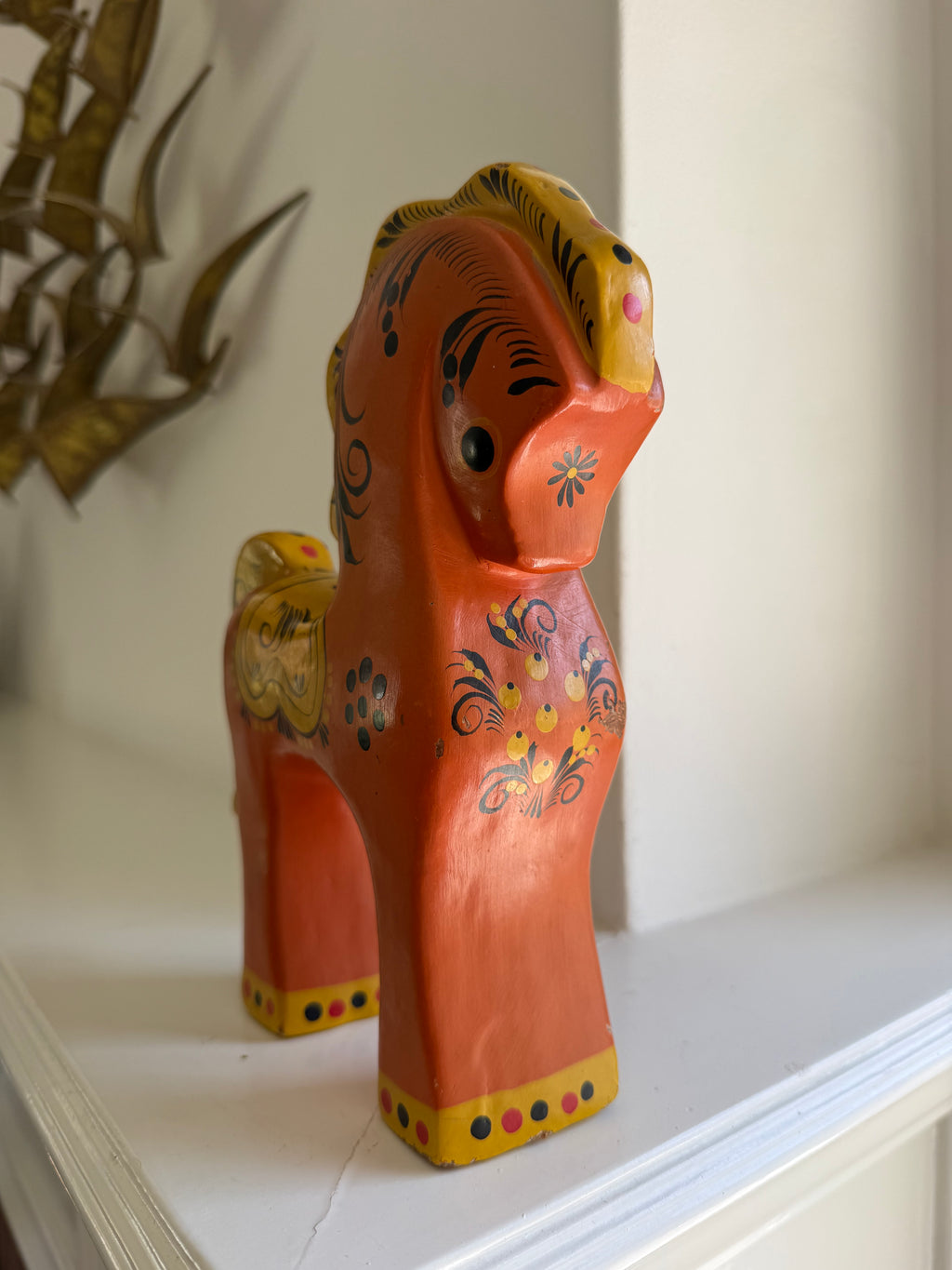 Vintage Russian Hand-Painted Birch Wood Horse