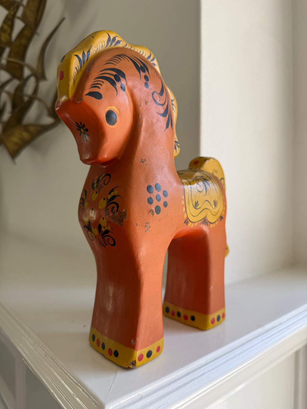 Vintage Russian Hand-Painted Birch Wood Horse