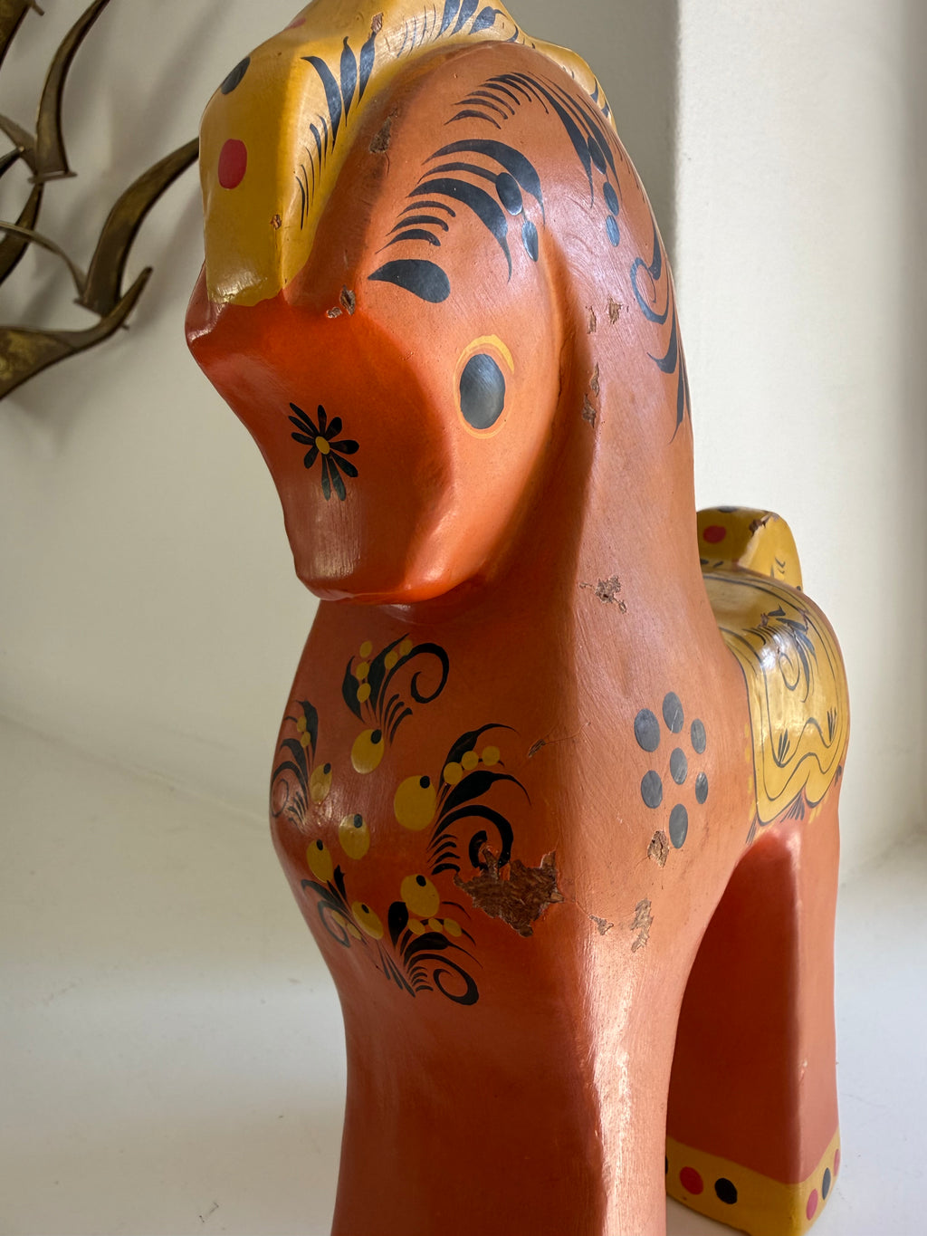 Vintage Russian Hand-Painted Birch Wood Horse