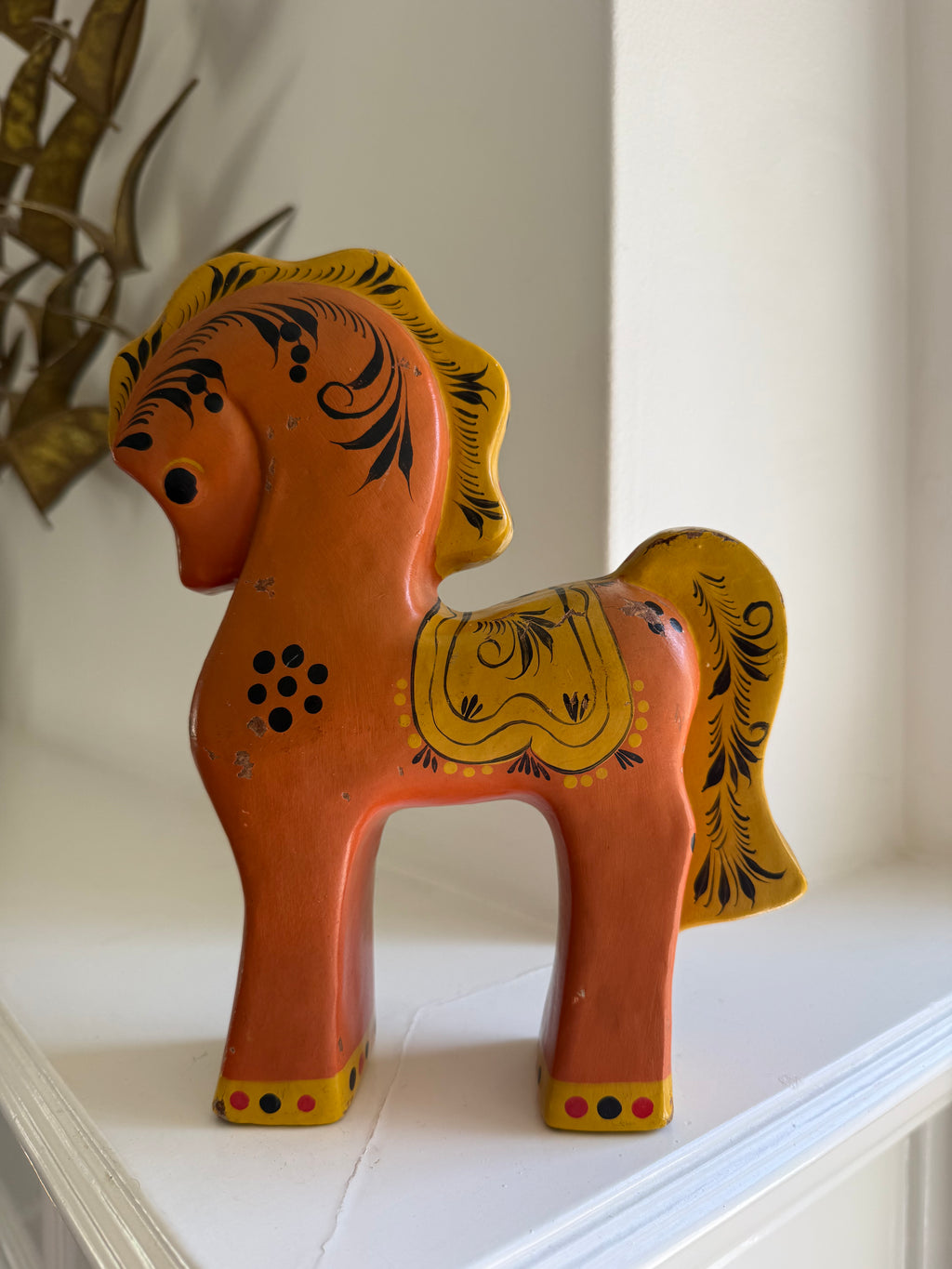Vintage Russian Hand-Painted Birch Wood Horse