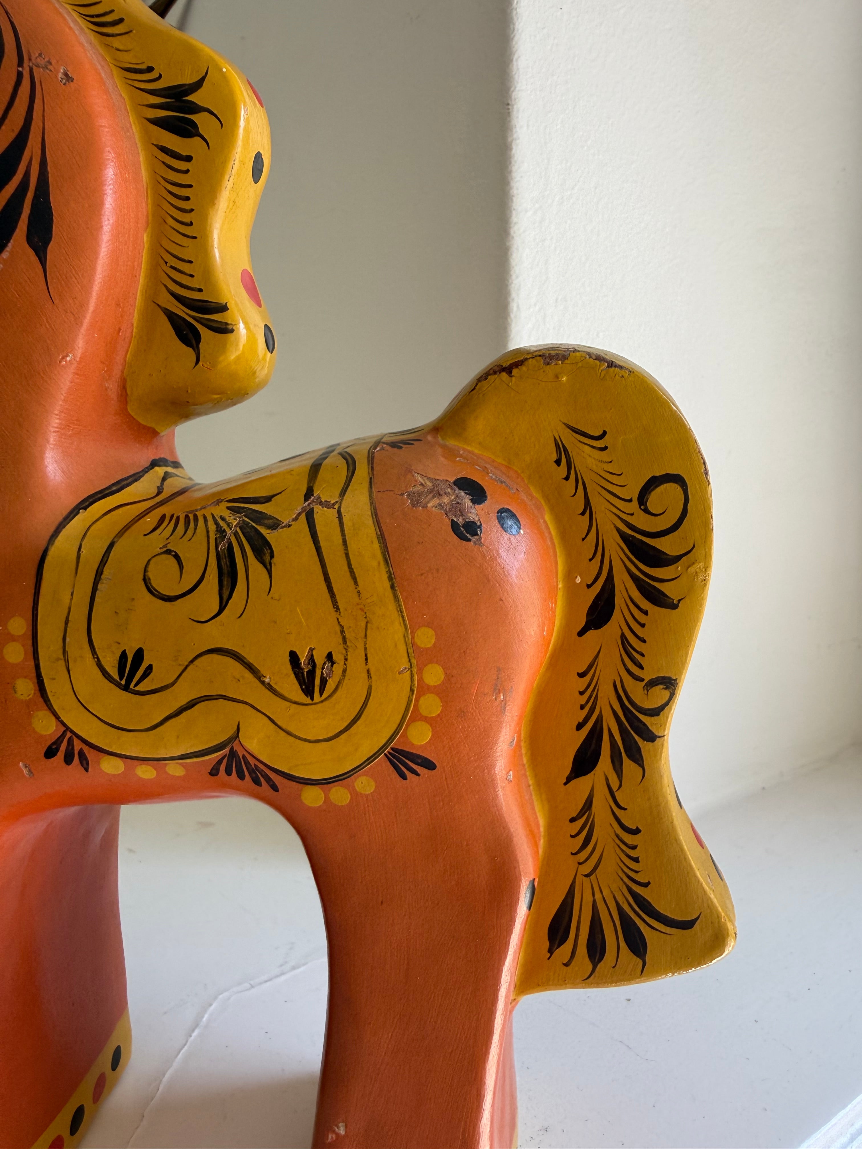 Vintage Russian Hand-Painted Birch Wood Horse