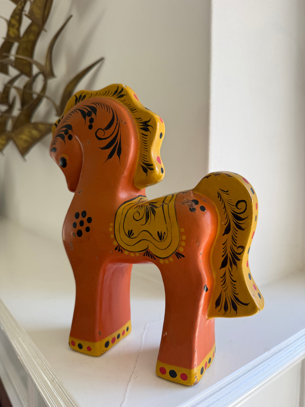 Vintage Russian Hand-Painted Birch Wood Horse