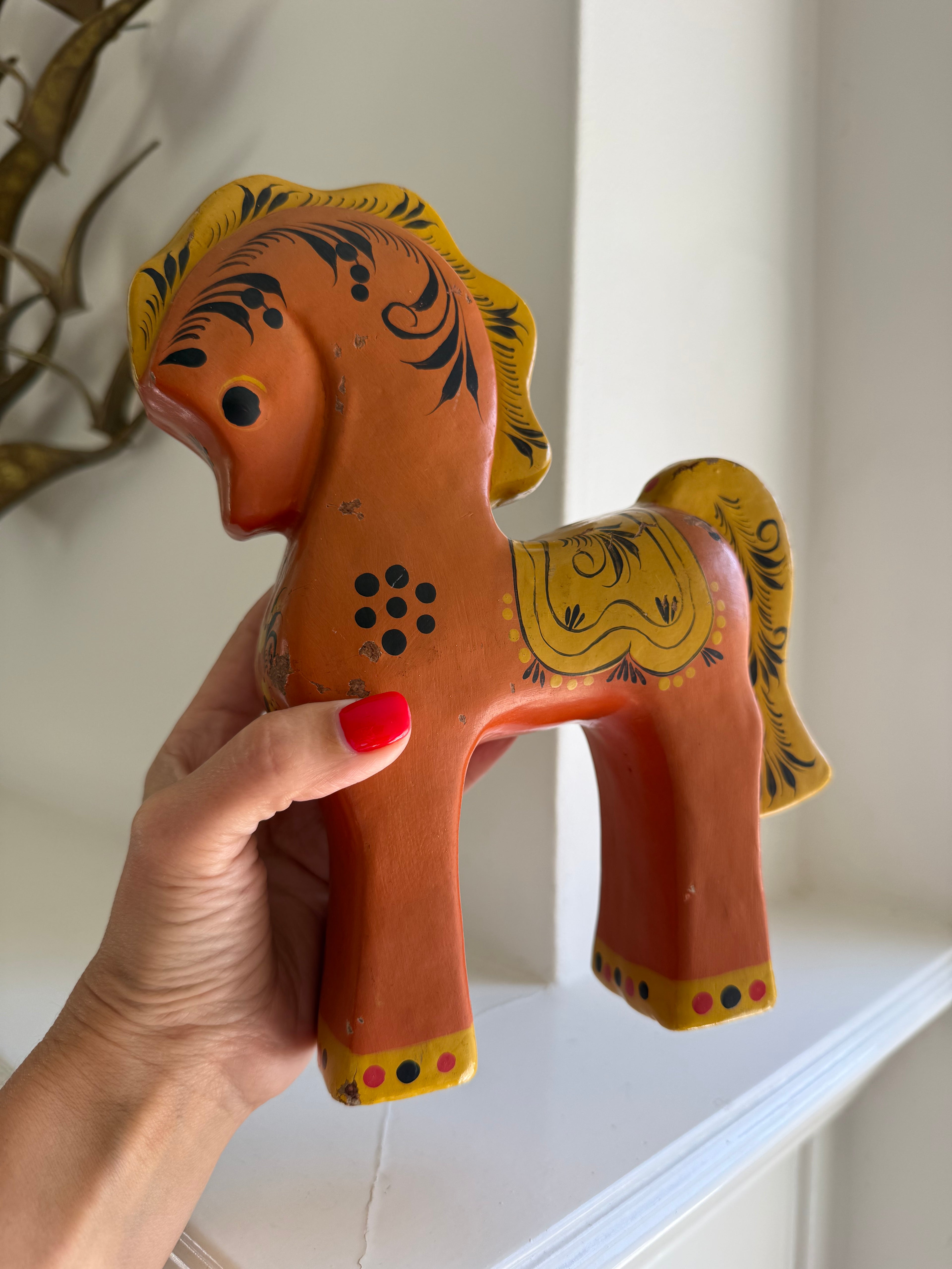 Vintage Russian Hand-Painted Birch Wood Horse