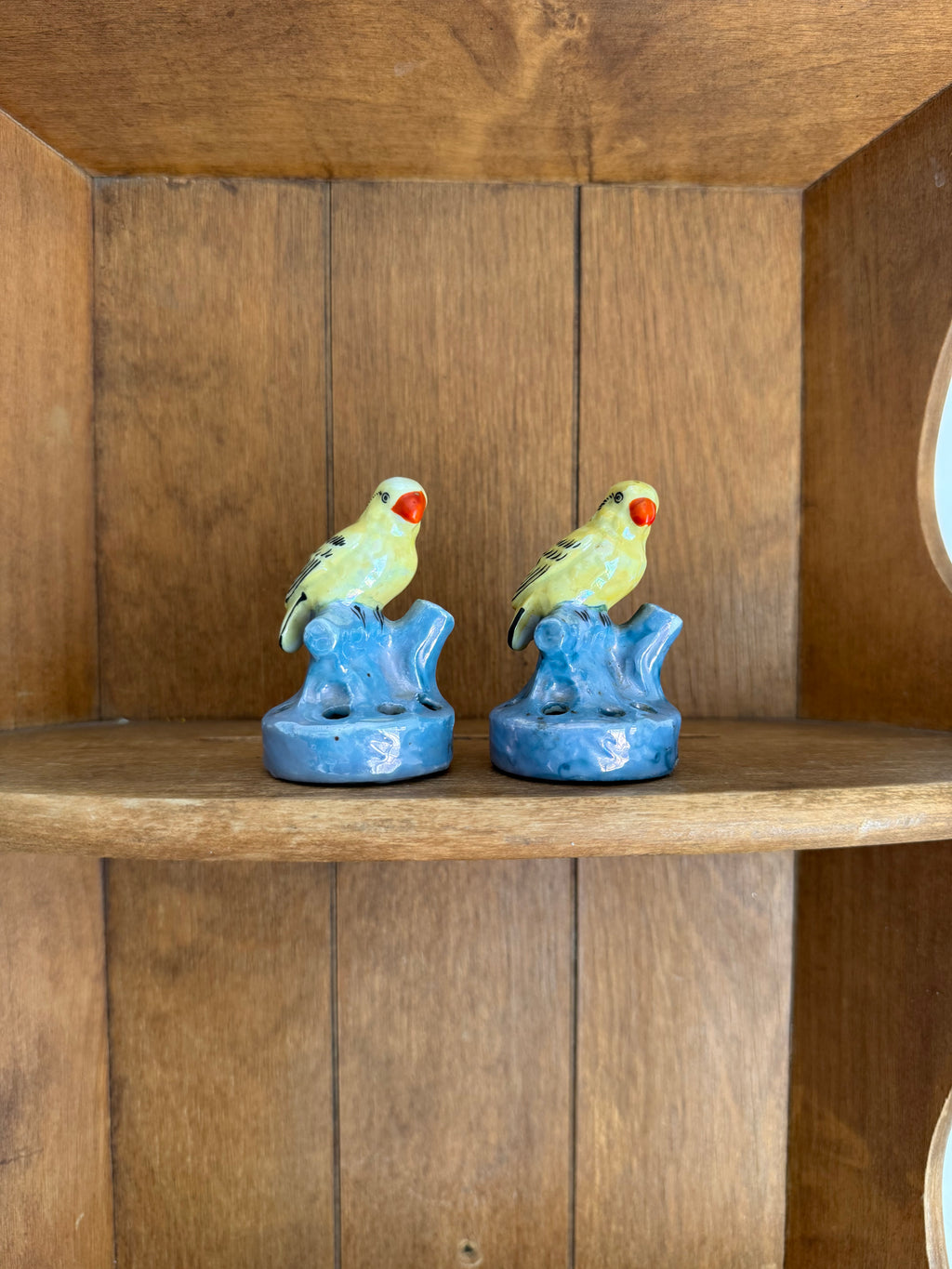 Vintage Japanese Lusterware Bird Flower Frogs, Set of Two