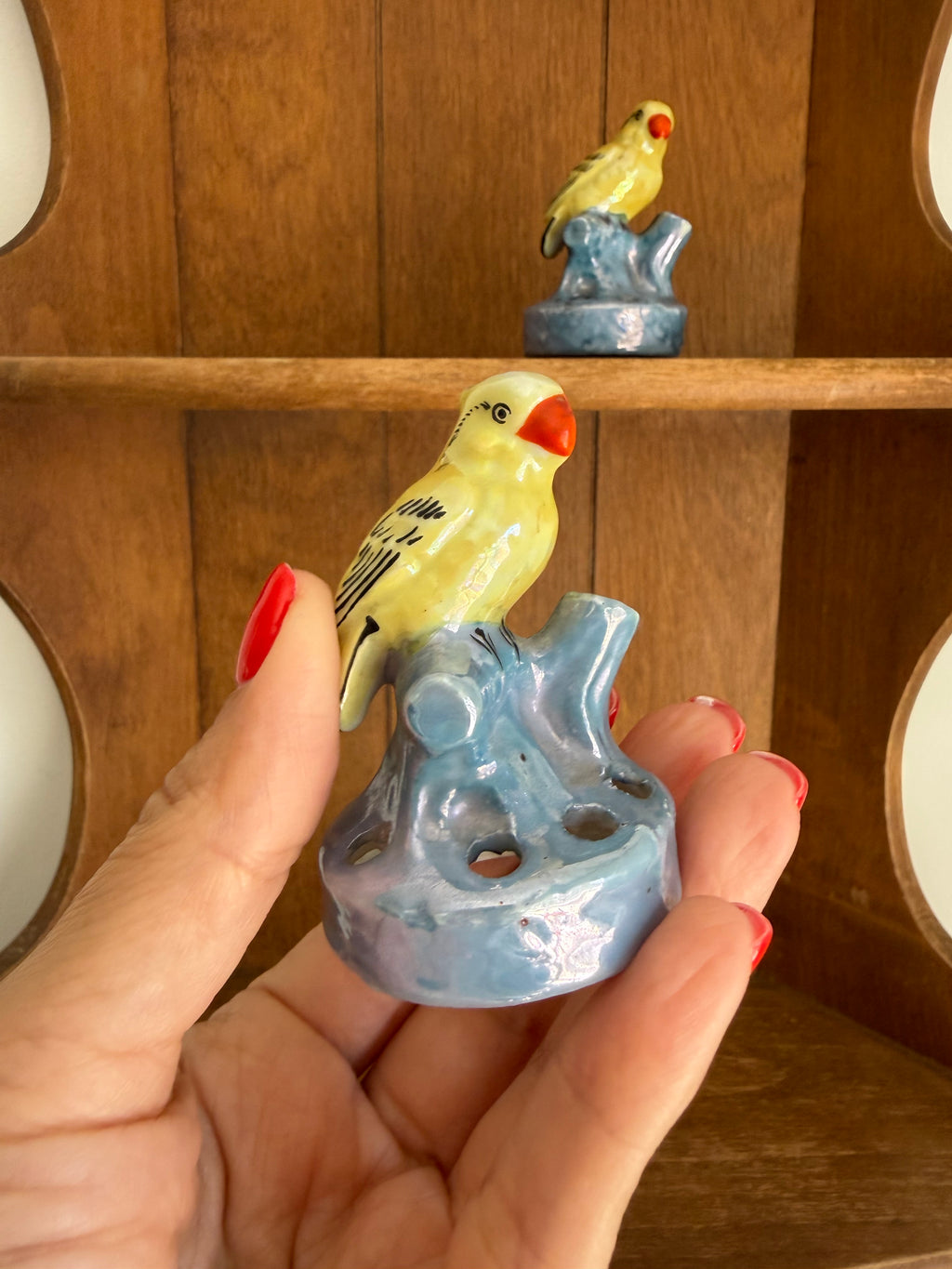 Vintage Japanese Lusterware Bird Flower Frogs, Set of Two