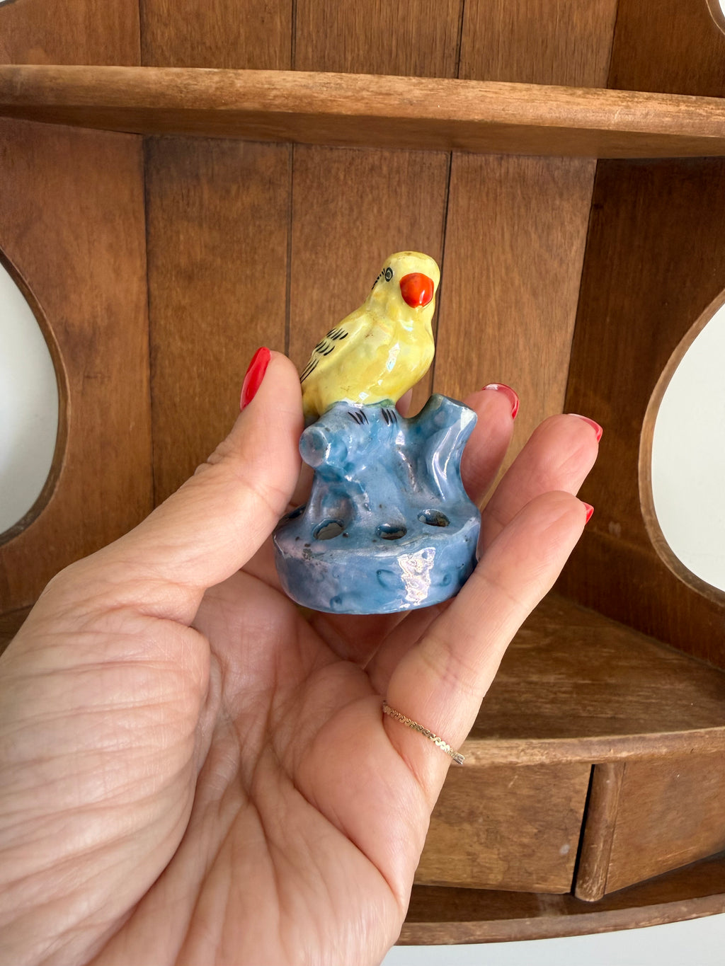 Vintage Japanese Lusterware Bird Flower Frogs, Set of Two