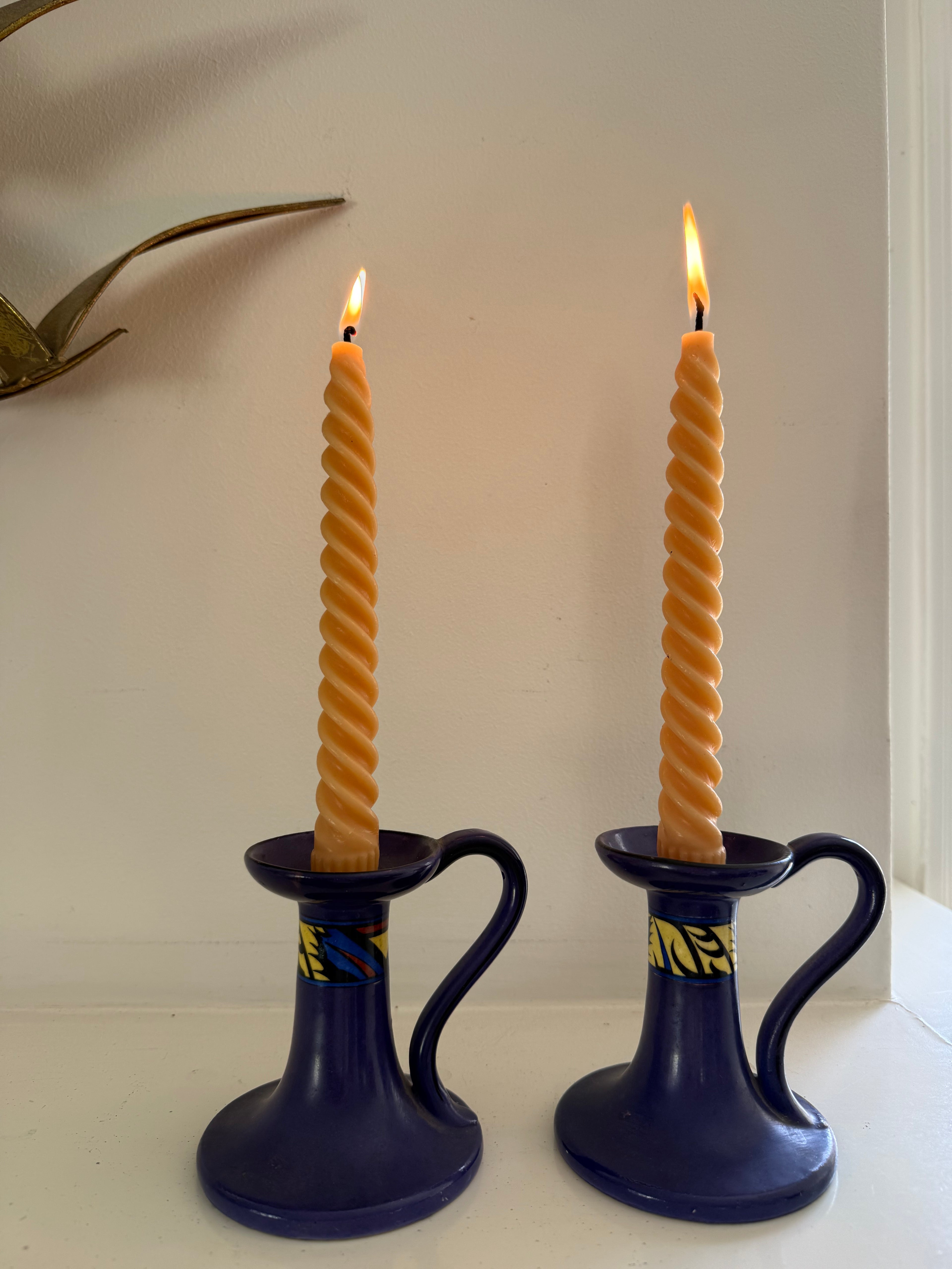 Vintage Art Deco Czechoslovakian Purple Ceramic Chamber Candlesticks, Set of Two