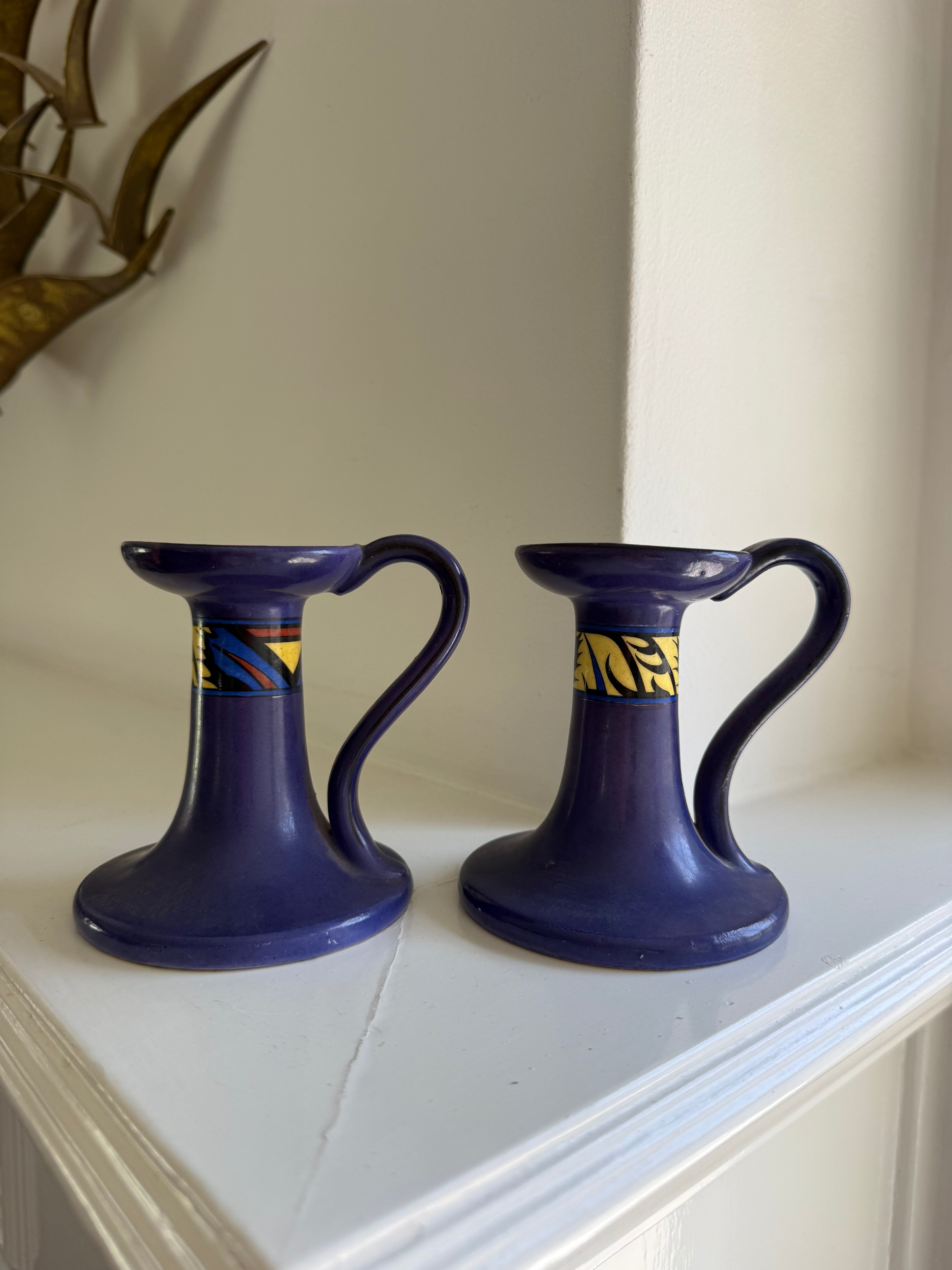 Vintage Art Deco Czechoslovakian Purple Ceramic Chamber Candlesticks, Set of Two