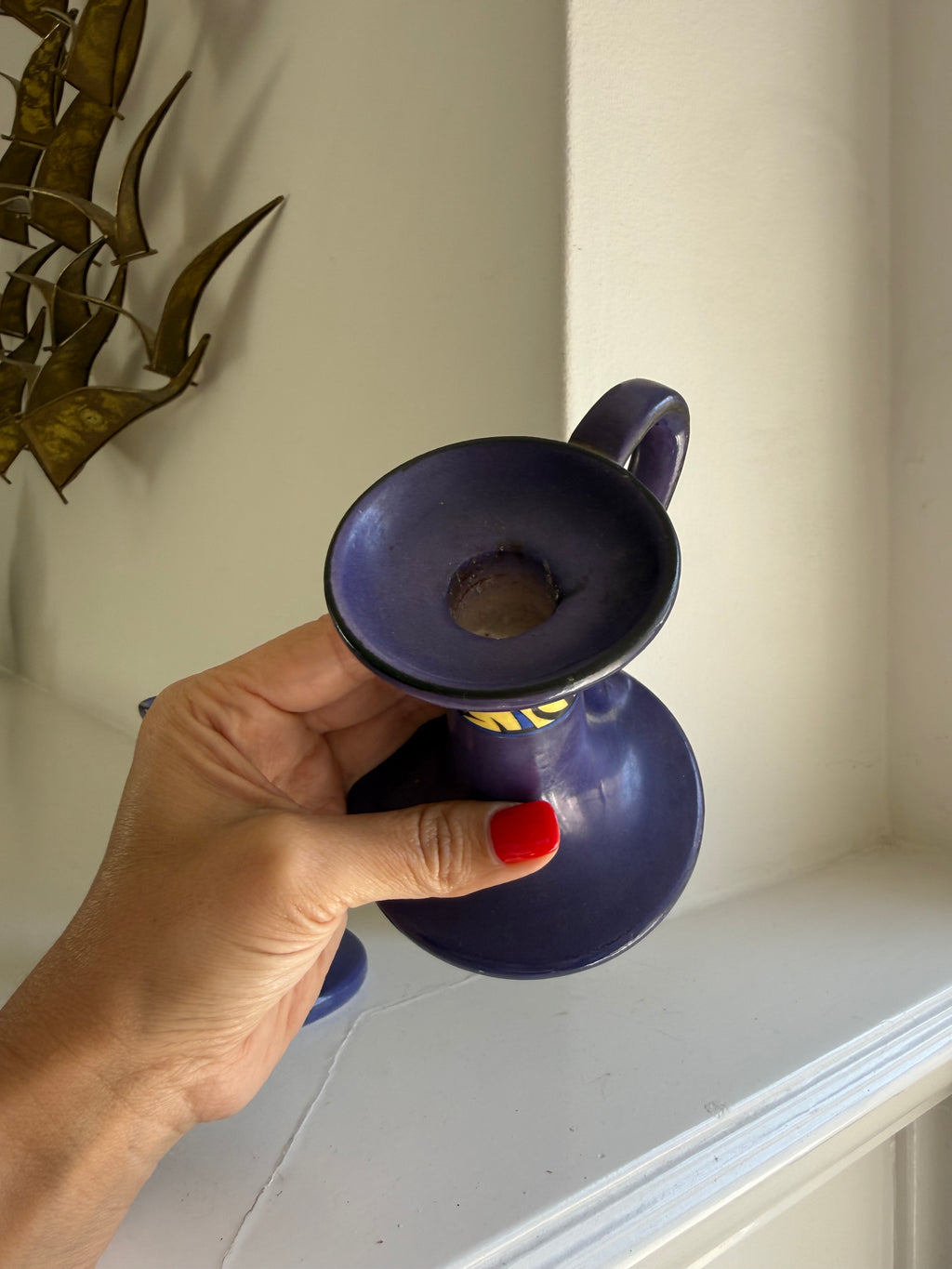 Vintage Art Deco Czechoslovakian Purple Ceramic Chamber Candlesticks, Set of Two