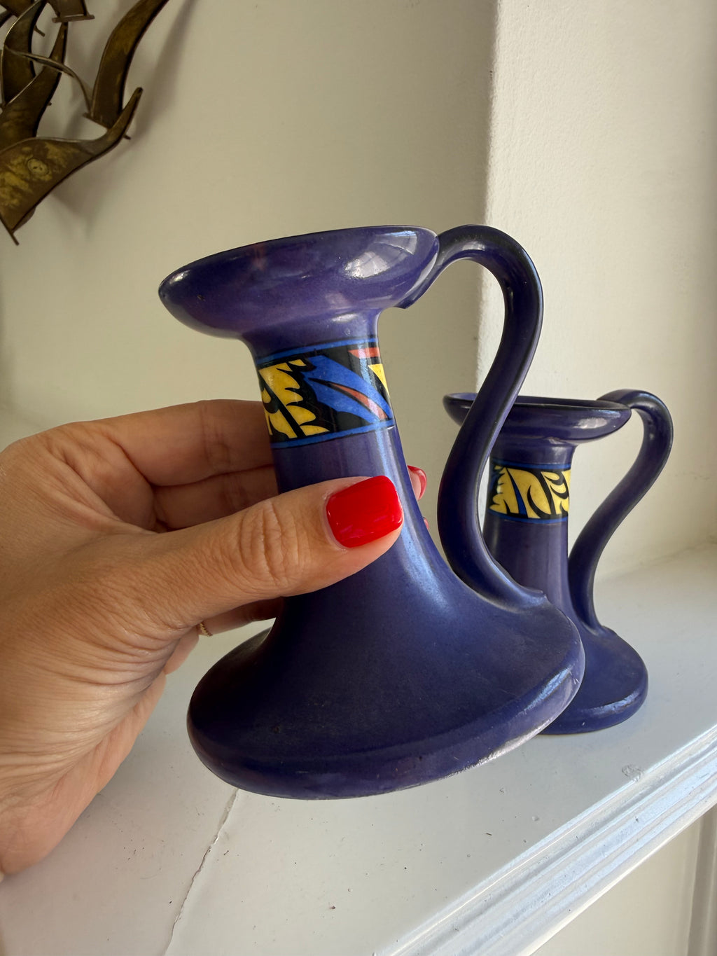 Vintage Art Deco Czechoslovakian Purple Ceramic Chamber Candlesticks, Set of Two
