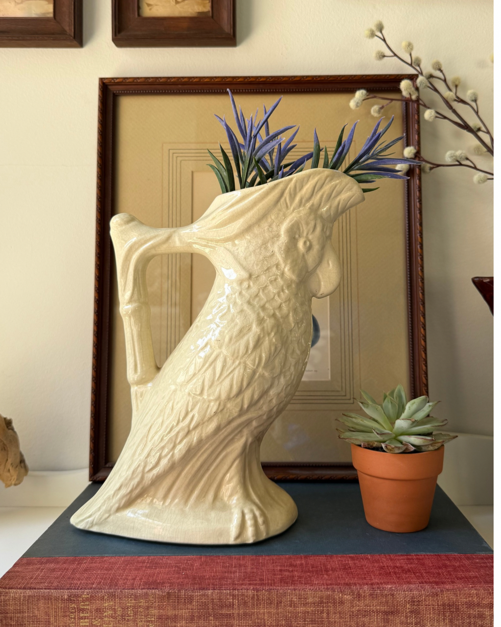 Vintage California Pottery No. 3555 Ivory Cockatoo Pitcher