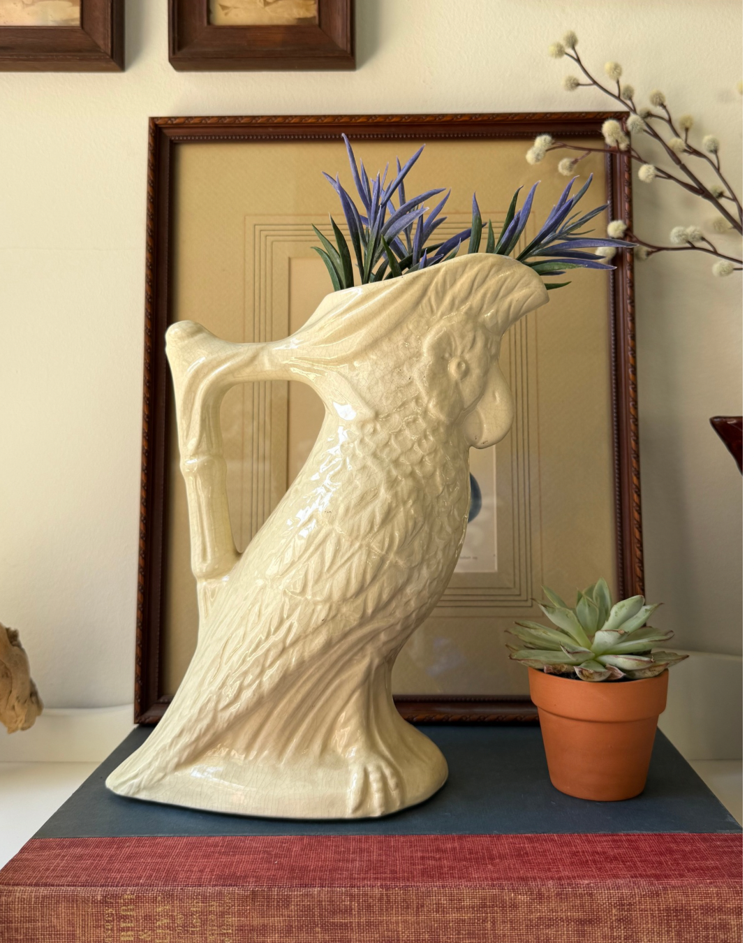 Vintage California Pottery No. 3555 Ivory Cockatoo Pitcher