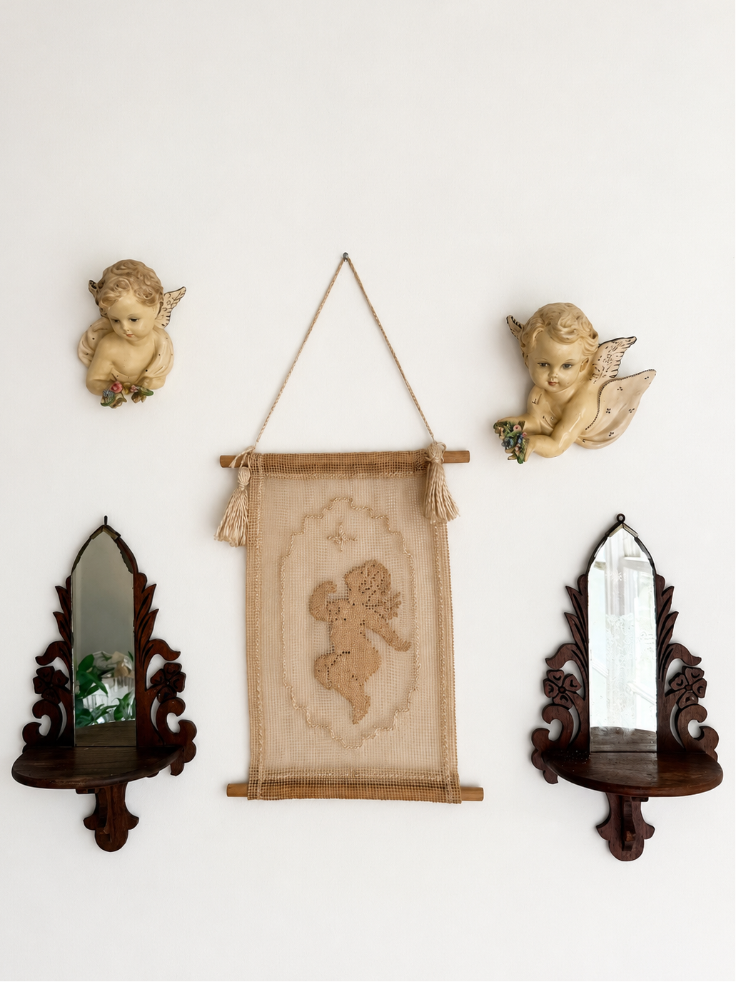 Vintage 1940s Carved Wood Mirror Shelves, Pair